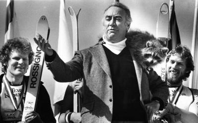 Governor Carey with Olympic Mascot raccoon.