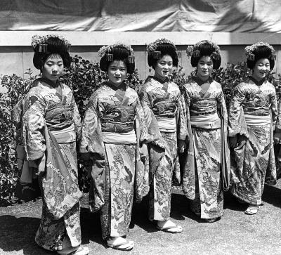 Five Geishas Ready to Entertain Tourists. Nagasaki, Japan