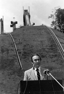 Governor Carey Speaking in Front of Olympic Ski Jump