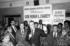 Governor Carey speaks to a crowd at Bronx-Lebanon Hospital Center