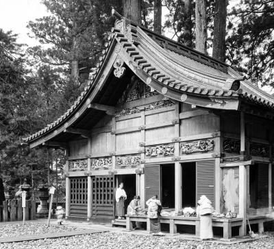 Ieyasu Shrine; Stable for Imperial Sacred Horse, Carving of Simian Trinity "Hear, Speak, See No Evil" (2-D panel from left). Nikko, Japan