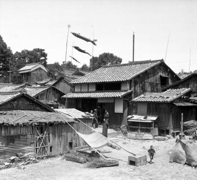 Typical Rural Houses; Three Paper Carp for Boy's Festival. Near Nara, Japan