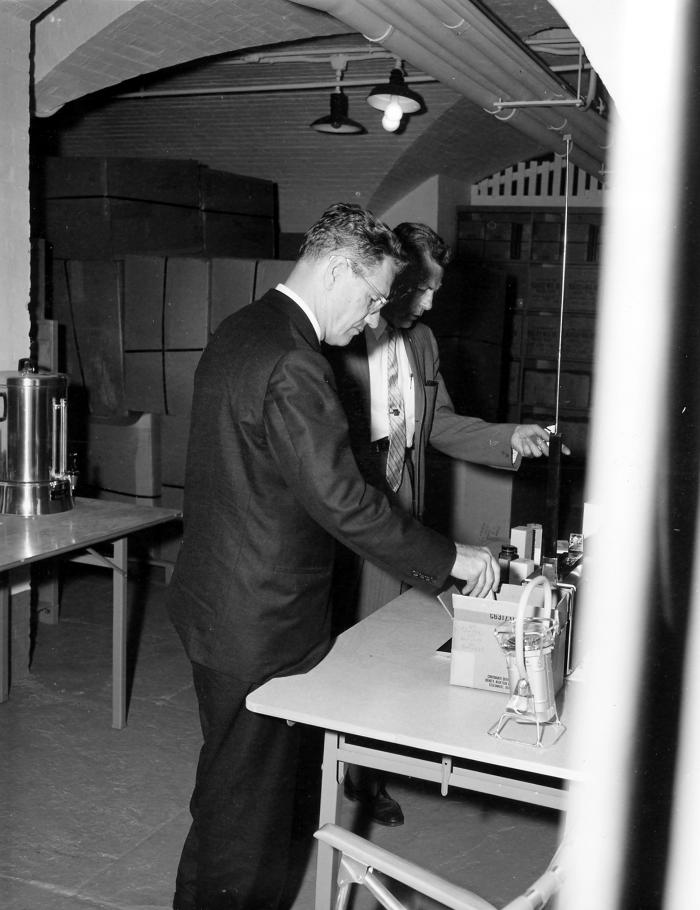 Governor Rockefeller inspects fallout shelter in capitol.