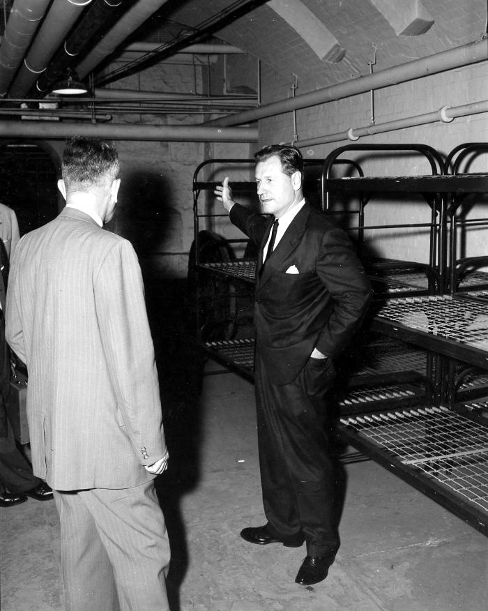 Governor Rockefeller inspects fallout shelter in capitol.