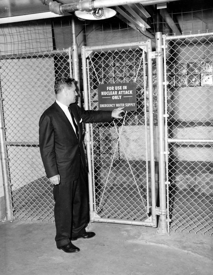 Governor Rockefeller inspects fallout shelter in capitol.