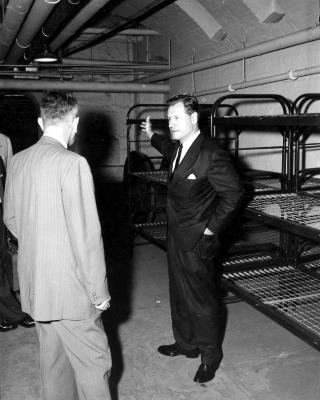 Governor Rockefeller inspects fallout shelter in capitol.