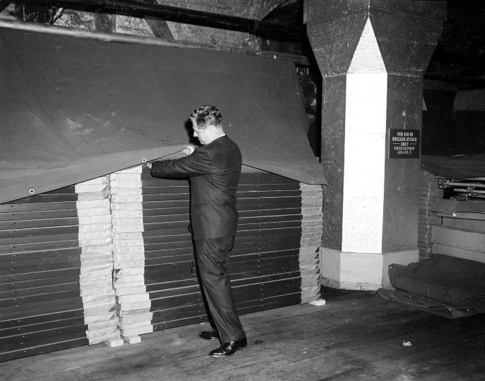 Governor Rockefeller inspects fallout shelter in Capitol.