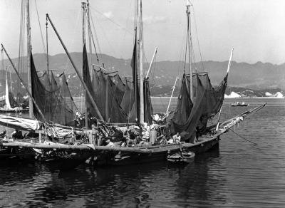 Fishing Boats, Nets Hanging from Spars. Miyajima, inland sea, Japan