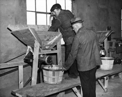 Agricultural workers using a grinding machine