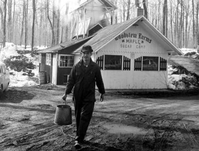 Agriculture. Maple Sugar Farmer Carrying Tin Pail