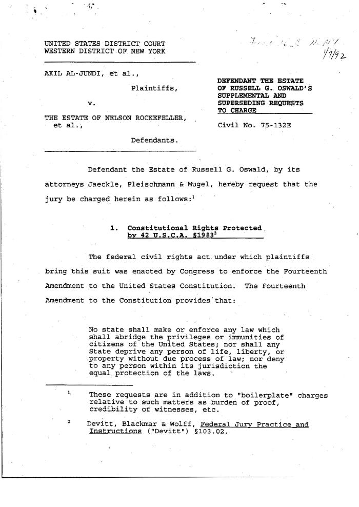 Oswald's Requests to Charge, United States District Court, Western District of New York in the matter of Akil Al-Jundi, et al. vs Estate of Rockefeller, et al.