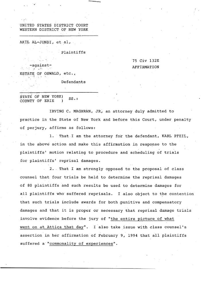 Affirmation of Maghran, United States District Court, Western District of New York in the matter of Akil Al-Jundi, et al. vs Estate of Oswald, et al.