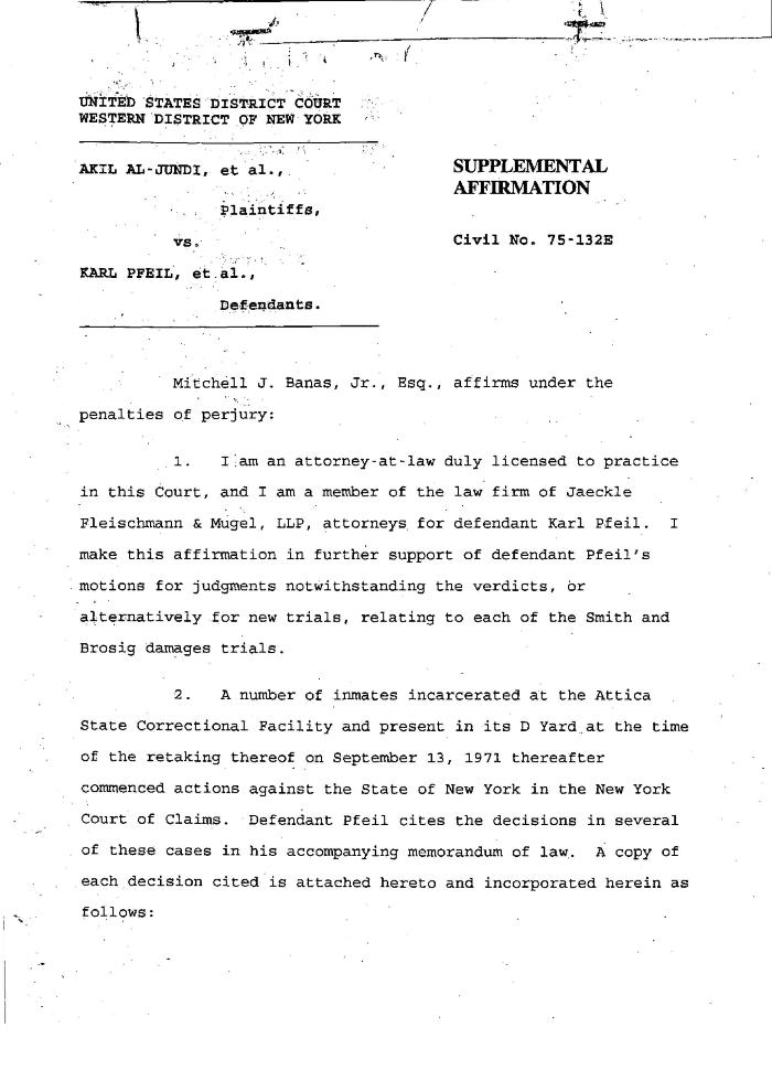 Supplemental Affirmation of Banas, United States District Court, Western District of New York in the matter of Akil Al-Jundi, et al. v. Pfeil et al.