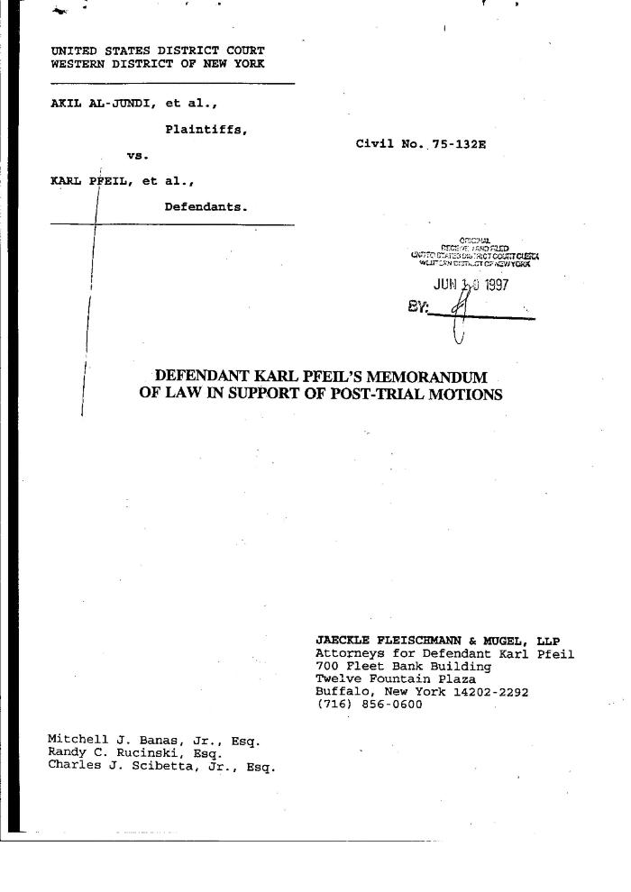 Defendant Pfeil's Memorandum of Law, United States District Court, Western District of New York in the matter of Akil Al-Jundi, et al. v. Karl Pfeil, et al.