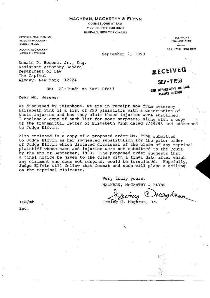 Correspondence of Maghran, Proposed Order, United States District Court, Western District of New York in the matter of Akil Al-Jundi, et al. vs Pfeil, et al.