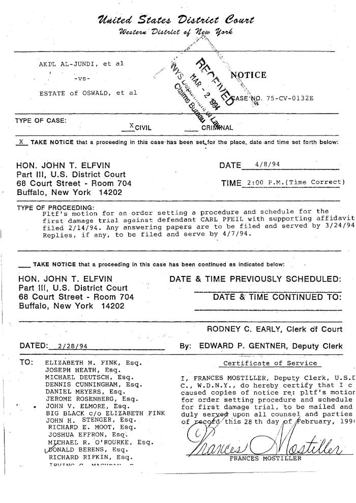 Notice of a proceeding, United States District Court, Western District of New York in the matter of Akil Al-Jundi, et al. vs Estate of Oswald, et al.