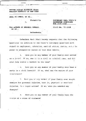 Pfeil's Requested Questions for Voir Dire, United States District Court, Western District of New York in the matter of Akil Al-Jundi, et al. v. Estate of Oswald, et al.