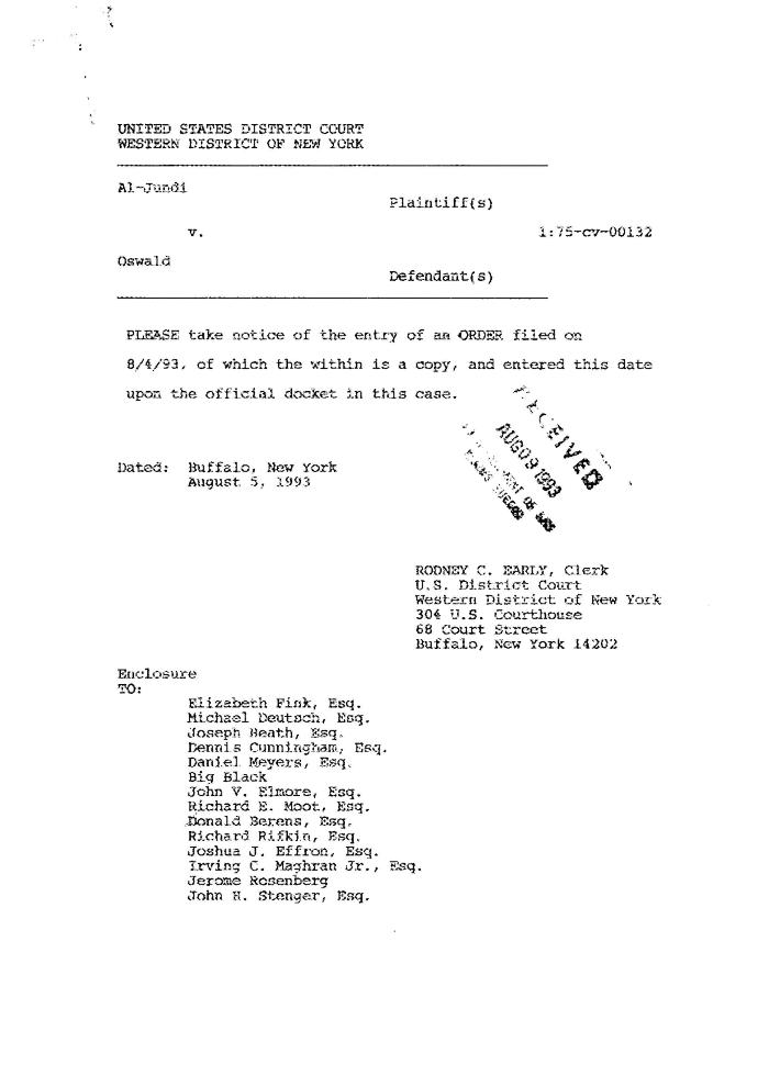 Order by the Honorable John T. Elfvin, United States District Court, Western District of New York in the matter of Akil Al-Jundi, et al. v. Oswald et al.