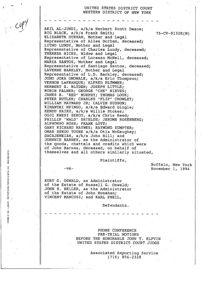 Phone Conference for Pre-Trial Motions, United States District Court, Western District of New York in the matter of Akil Al-Jundi, et al. v. Estate of Oswald, et al.