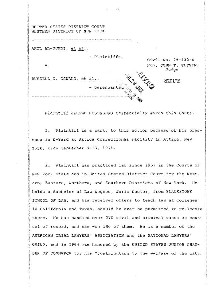 Rosenberg Motion, United States District Court, Western District of New York in the matter of Akil Al-Jundi, et al. v. Oswald, et al.