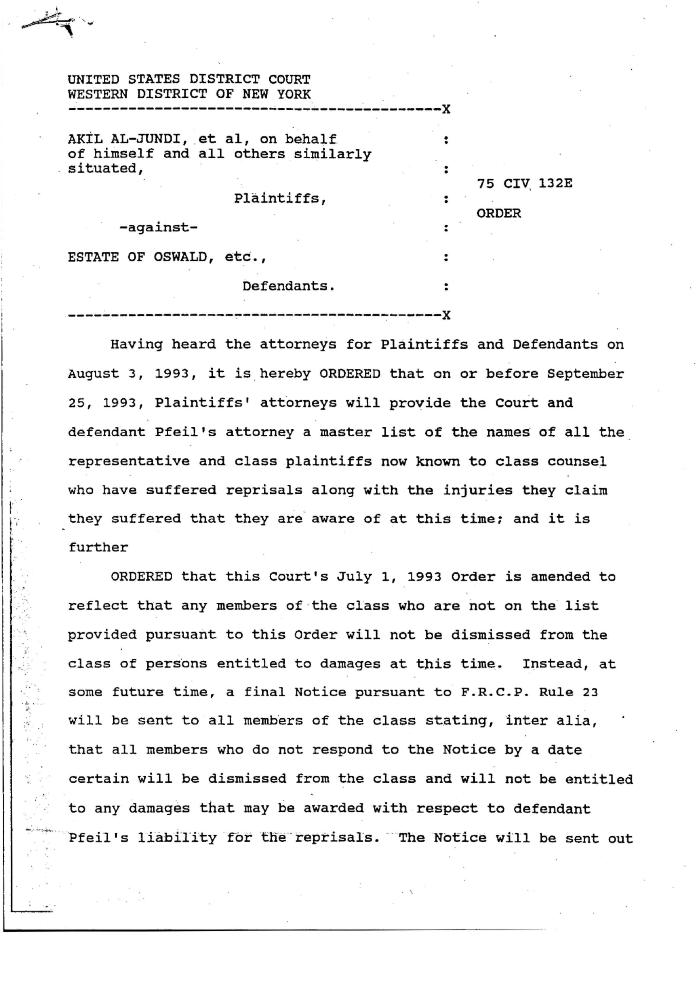 Proposed Order, United States District Court, Western District of New York in the matter of Akil Al-Jundi, et al. vs Estate of Oswald, et al.