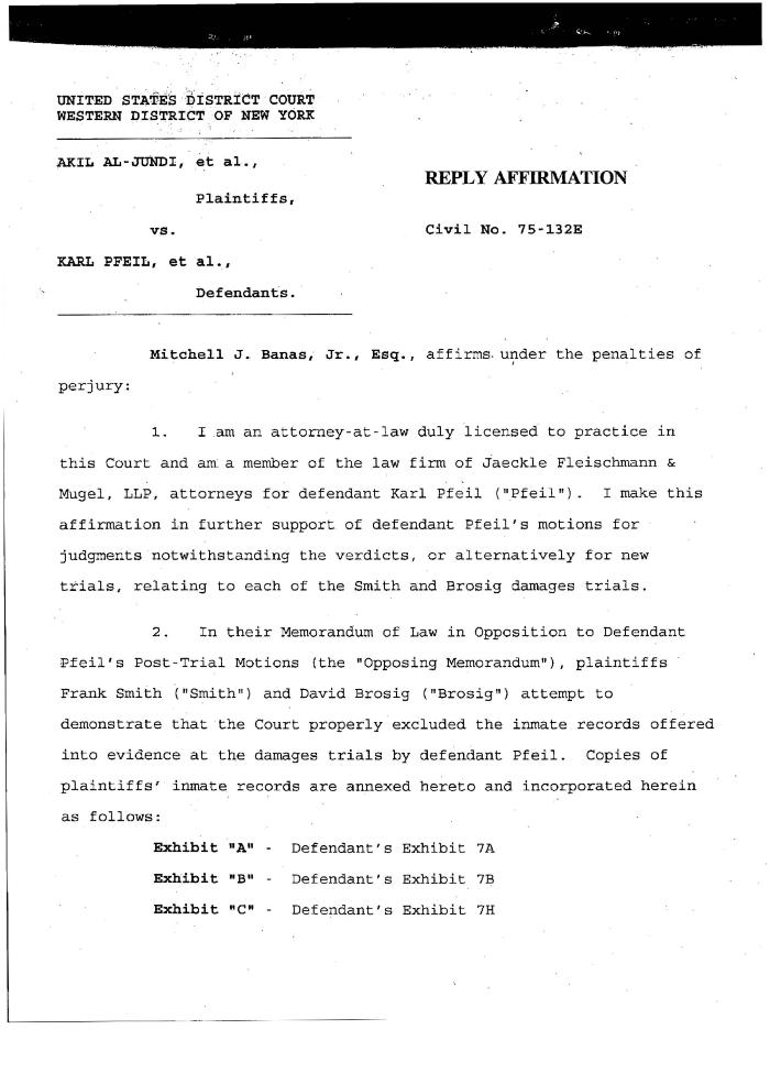 Reply Affirmation of Pfeil, United States District Court, Western District of New York in the matter of Akil Al-Jundi, et al. v. Karl Pfeil, et al.