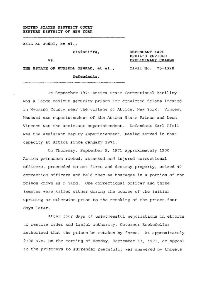 Pfeil's Revised Preliminary Charge, United States District Court, Western District of New York in the matter of Akil Al-Jundi, et al. v. Estate of Russell Oswald, et al.