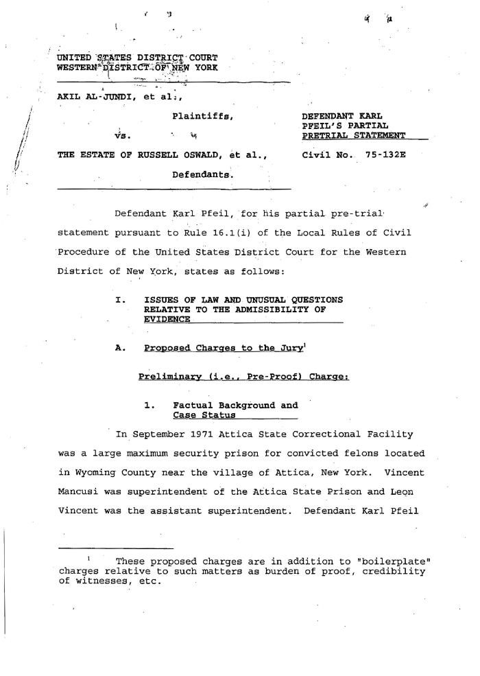 Pfeil's Partial Pretrial Statement, United States District Court, Western District of New York in the matter of Akil Al-Jundi, et al. v. Oswald, et al.