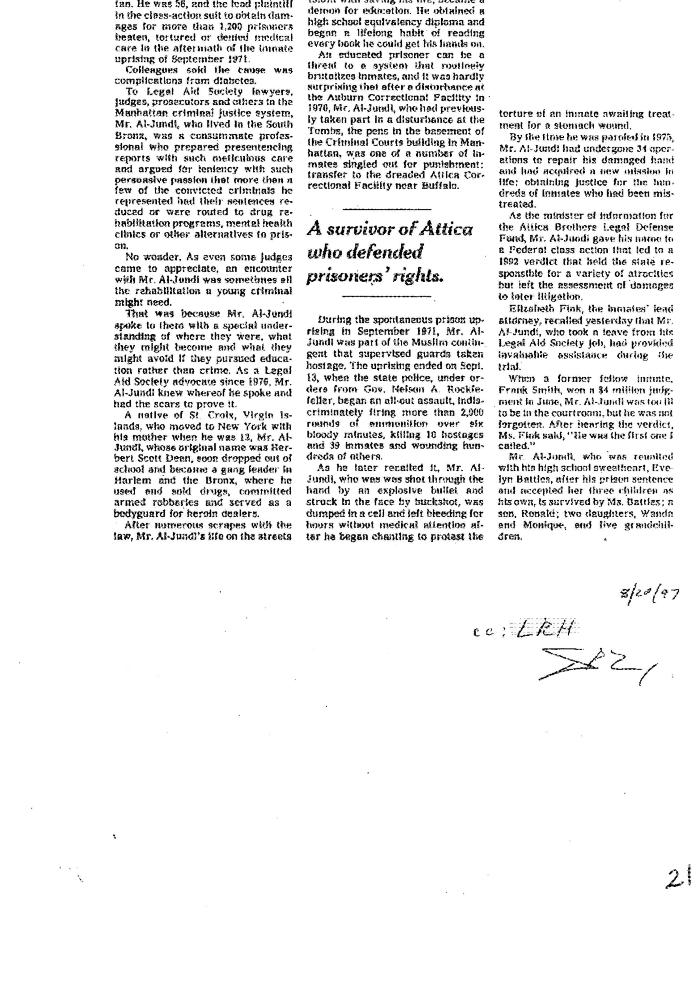 Obituary of Akil Al-Jundi, United States District Court, Western District of New York in the matter of Akil Al-Jundi, et al. v. Rockefeller, et al.