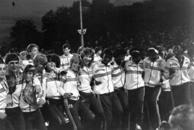 Teammates at the 1984 Empire State Games opening ceremony