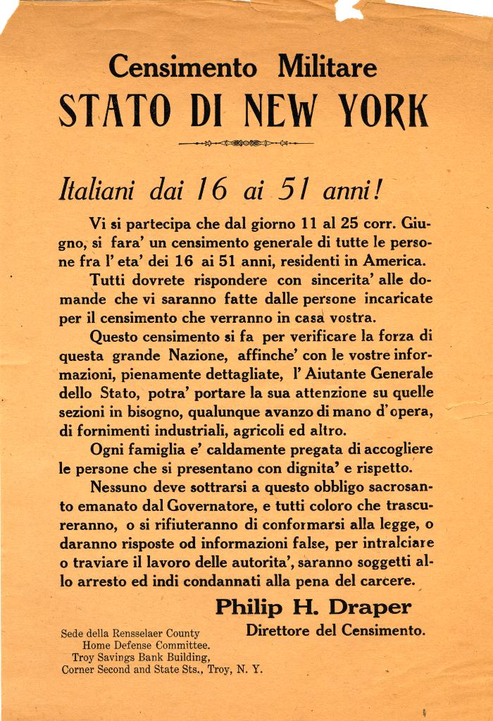Broadside for Military Census in Rensselaer County (Italian)