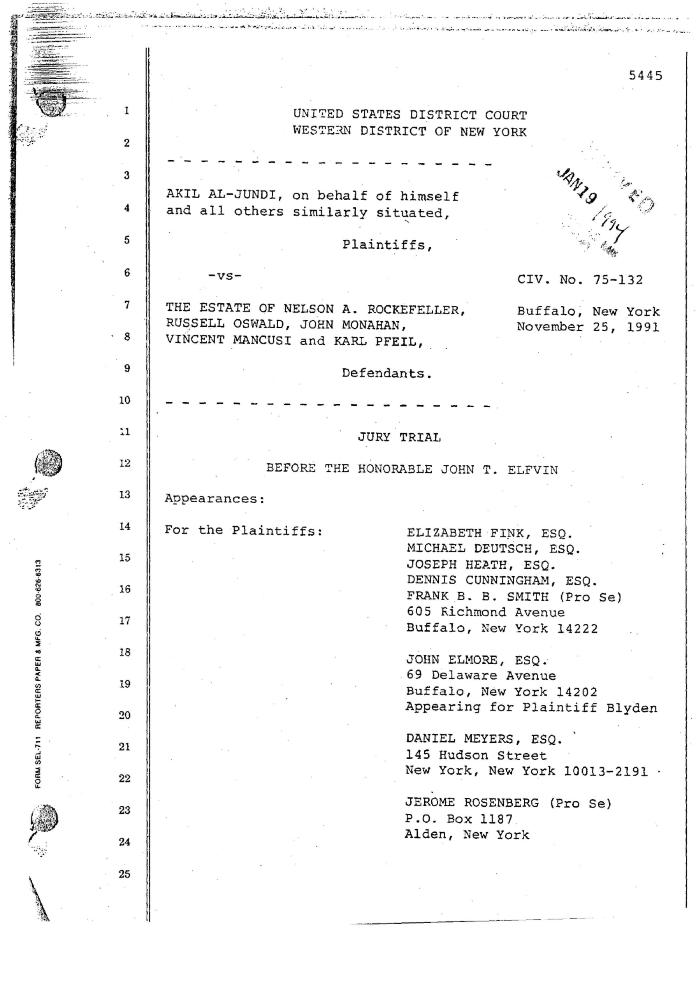 Transcript of the jury trial before the Honorable John T. Elfvin, United States District Court, Western District of New York.