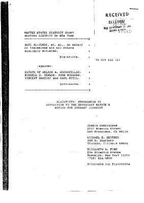 Plaintiffs' Memorandum in Opposition to the Defendant Estate's Motion for Summary Judgment, United States District Court, Western District of New York, in the matter of Akil Al-Jundi et al. v. the Estate of Nelson A. Rockefeller, Russell Oswald, John Monahan, Vincent Mansuci and Karl Pfeil.