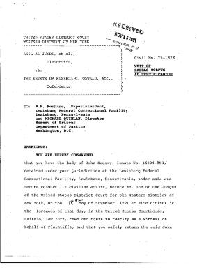 Writ of Habeas Corpus Ad Testificandum, United States District Court, Western District of New York in the matter of Akil Al-Jundi, et al. v. Estate of Russell G. Oswald, et al.