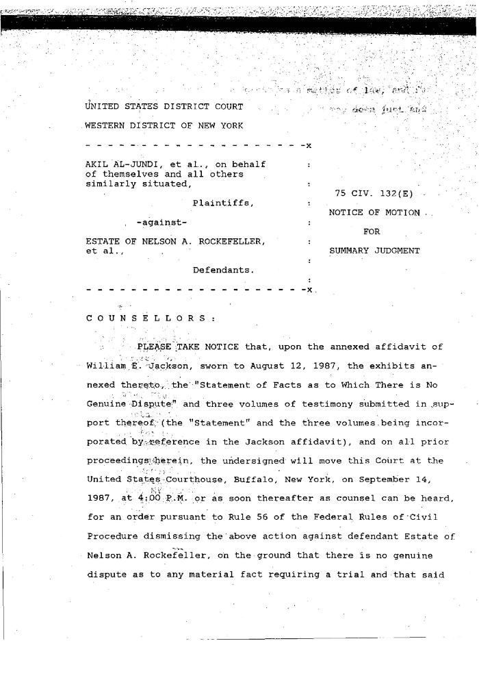 Notice of Motion for Summary Judgment, United States District Court, Western District of New York, in the matter of Akil Al-Jundi, et al. against Estate of Rockefeller, et al.