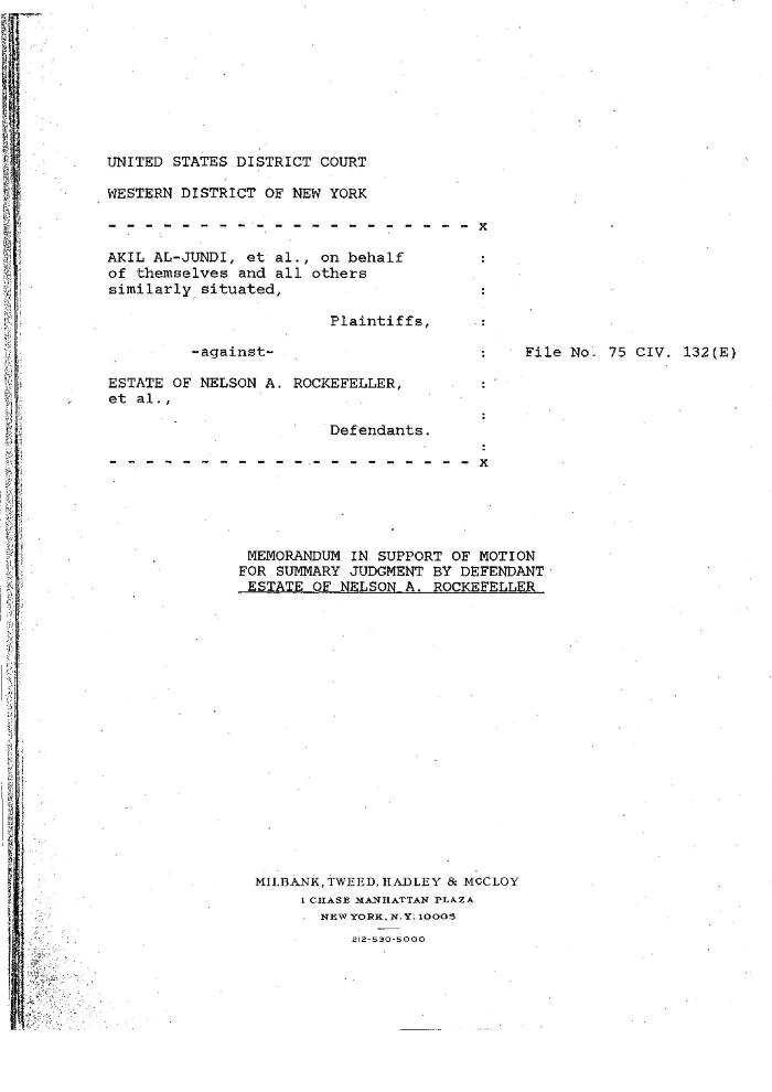 Memorandum in Support of Motion for Summary Judgment, United States District Court, Western District of New York in the matter of Akil Al-Jundi, et al. v. Estate of Nelson A. Rockefeller, et al.