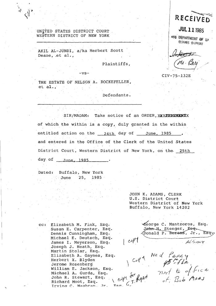 Memorandum and Order by the Honorable John T. Elfvin, United States District Court, Western District of New York in the matter of Akil Al-Jundi, et al. v. Nelson A. Rockefeller et al.