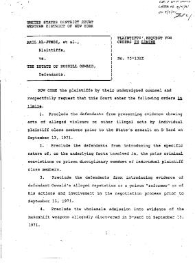 Plaintiffs' Request for Orders In Limine,United States District Court, Western District of New York in the matter of Akil Al-Jundi, et al. v. Estate of Russell Oswald