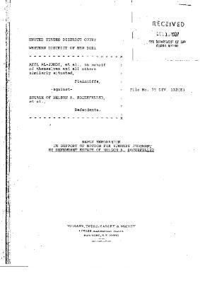 Reply Memorandum in Support of Motion for Summary Judgment by Defendant Estate of Nelson A. Rockefeller, United States District Court, Western District of New York, in the matter of Akil Al-Jundi, et al. v. the Estate of Nelson A. Rockefeller, et al.