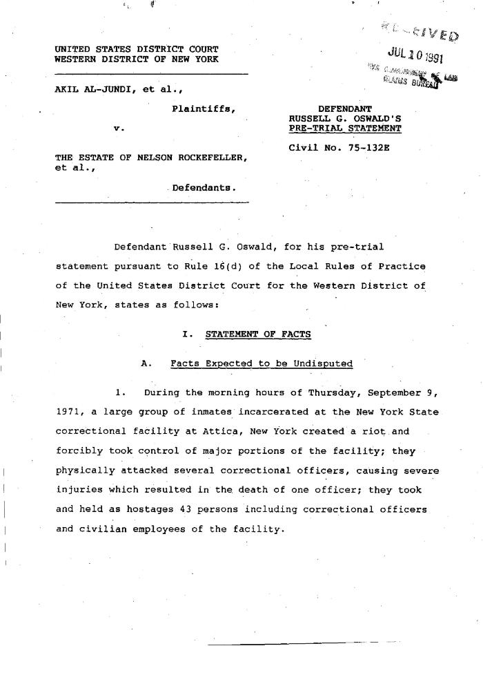 Pre-Trial Statement of Oswald, United States District Court, Western District of New York in the matter of Akil Al-Jundi, et al. v. Estate of Nelson A. Rockefeller et al.