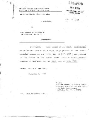 Memorandum and Order by the Honorable John T. Elfvin, United States District Court, Western District of New York in the matter of Akil Al-Jundi, et al. v. Nelson A. Rockefeller et al. with Judgment in a Civil Case attached.