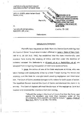 Memorandum in Opposition to Collateral Estoppel, United States District Court, Western District of New York in the matter of Akil Al-Jundi, et al. v. Estate of Nelson A. Rockefeller, et al.