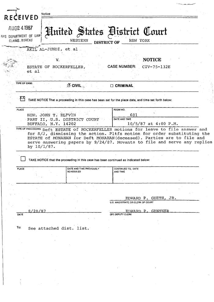 Notice, United States District Court, Western District of New York in the matter of Akil Al-Jundi, et al. v. Estate of Nelson A. Rockefeller, et al.