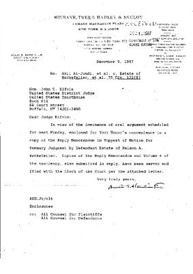Correspondence from Milbank Tweed to the Honorable John T. Elfvin, United States District Court, Western District of New York in the matter of Akil Al-Jundi, et al. v. Nelson A. Rockefeller et al.