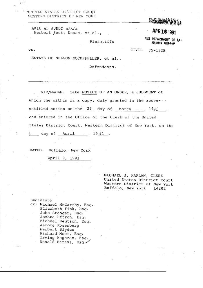 Order by the Honorable John T. Elfvin, United States District Court, Western District of New York in the matter of Akil Al-Jundi, et al. v. Nelson A. Rockefeller et al.