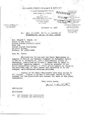 Correspondence from Milbank Tweed to the Clerk of the United States District Court, Western District of New York in the matter of Akil Al-Jundi, et al. v. Nelson A. Rockefeller et al.