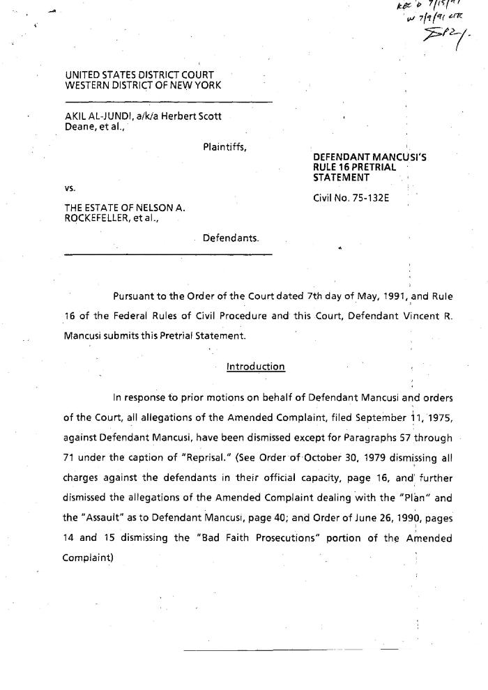 Pre-Trial Statement of Mancusi, United States District Court, Western District of New York in the matter of Akil Al-Jundi, et al. v. Estate of Nelson A. Rockefeller et al.