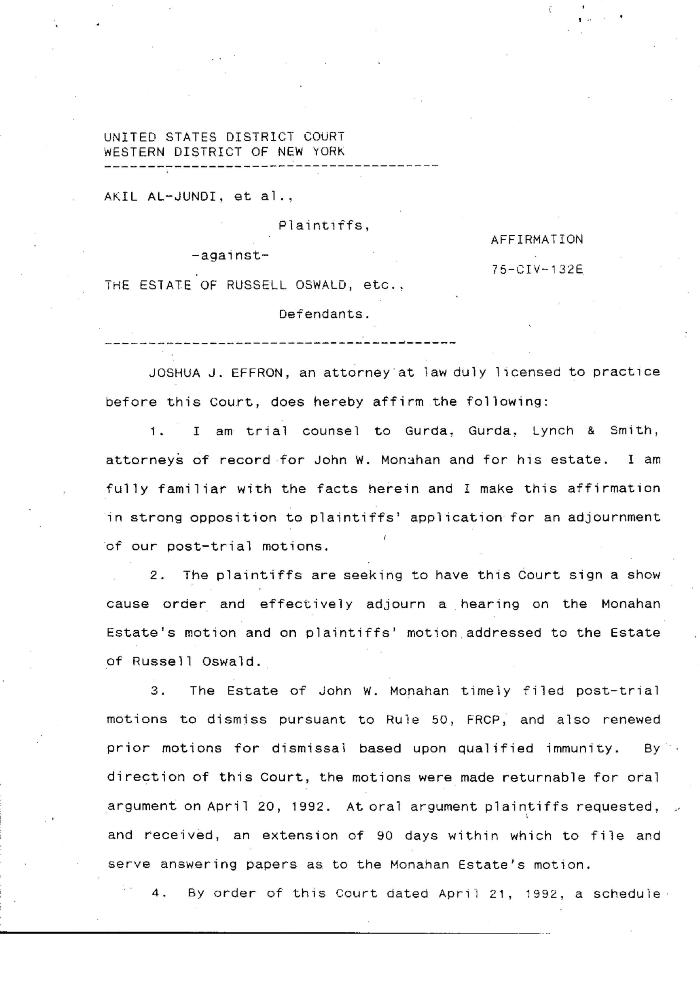 Affirmation of Joshua J. Effron in the matter of Akil Al-Jundi, et al. against The Estate of Russell Oswald, etc.