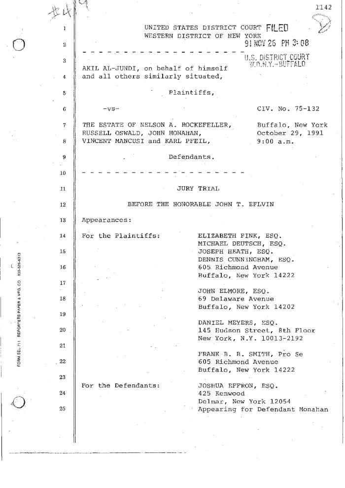 Transcript of the jury trial before the Honorable John T. Elfvin, United States District Court, Western District of New York.