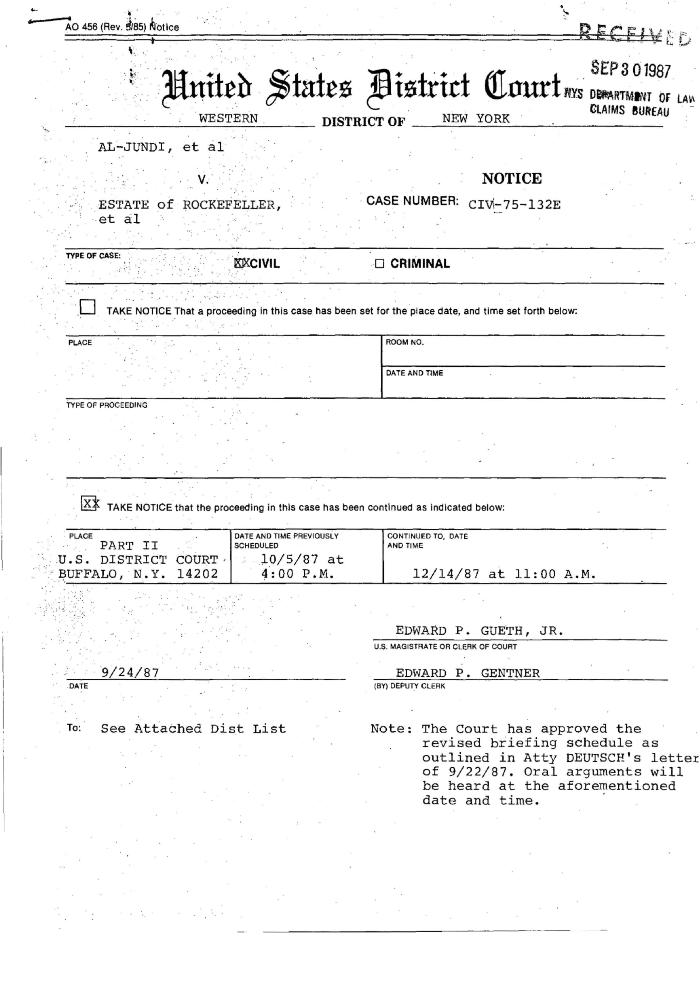 Notice, United States District Court, Western District of New York in the matter of Akil Al-Jundi, et al. v. Estate of Nelson A. Rockefeller, et al.